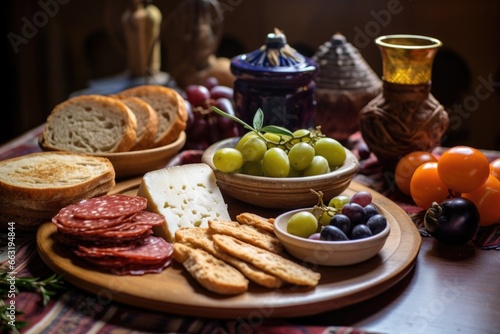 turkish breakfast with olives, cheese, and bread