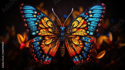 Intricate patterns of vibrant colors adorn the delicate wings of a butterfly