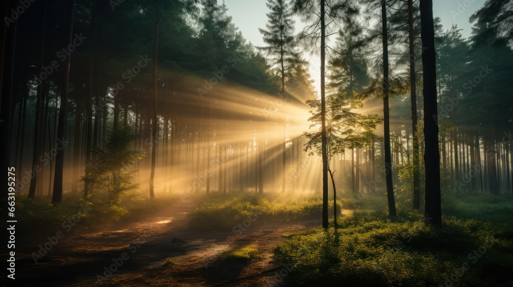 Golden sun rays pierce through the mist of a pine forest