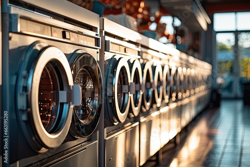 A row of industrial washing machines in a public laundromat