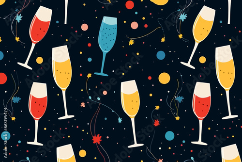 Champagne toast quirky doodle pattern, wallpaper, background, cartoon, vector, whimsical Illustration