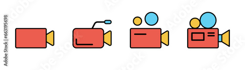 Cartoon video camera icon. Movie camera icon set. Video camera symbol in cartoon. Outline cinema sign. Editable stroke. Stock vector illustration.