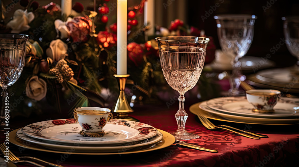 Beautifully Arranged Holiday Table with Fine China Crystal Glasses and Candlelight Beautifully Arranged Holiday Table with Fine China Crystal Glasses and Candlelight