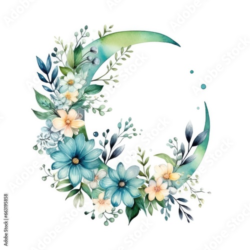 Watercolor floral Moon with greenery on a white background.