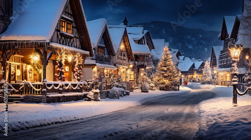 Snowy Village with Cottages and Towering Christmas Tree