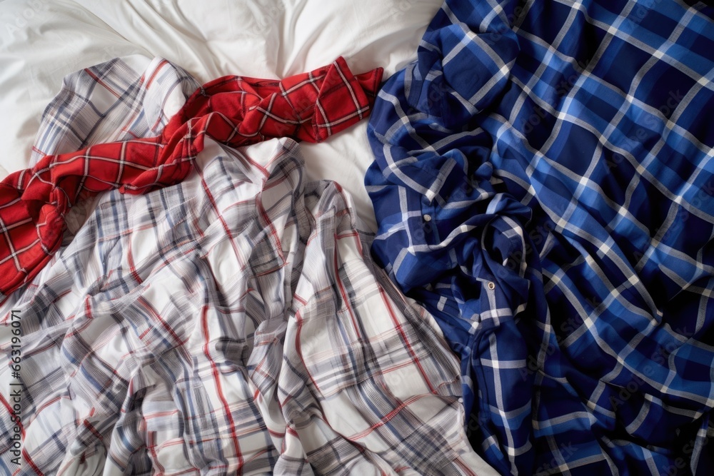 pajamas laid next to each other on a double bed pajamas laid next to each other on a double bed