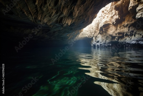a slim passage in a cave partially submerged in water
