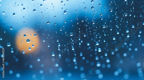 Droplets of water on azure glass background, with street bokeh lights blurred out, an autumnal abstract backdrop.
