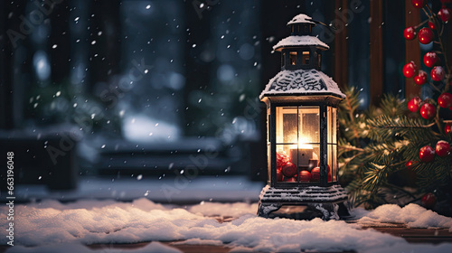 Vintage-style lantern on a snowy doorstep adorned with festive greenery and glowing warmly