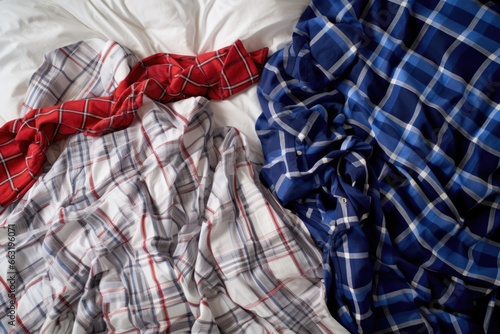 pajamas laid next to each other on a double bed
