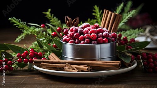Festive holiday centerpiece with fresh evergreen boughs red berries and fragrant cinnamon sticks set on a beautifully arranged dining table