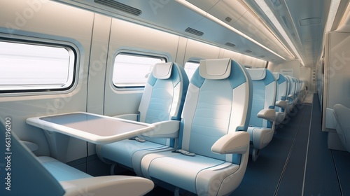 Inside a high-speed train, sleek and modern interiors provide comfort and efficiency for travelers