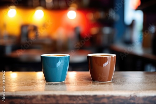 two coffee cups on a cafe counter