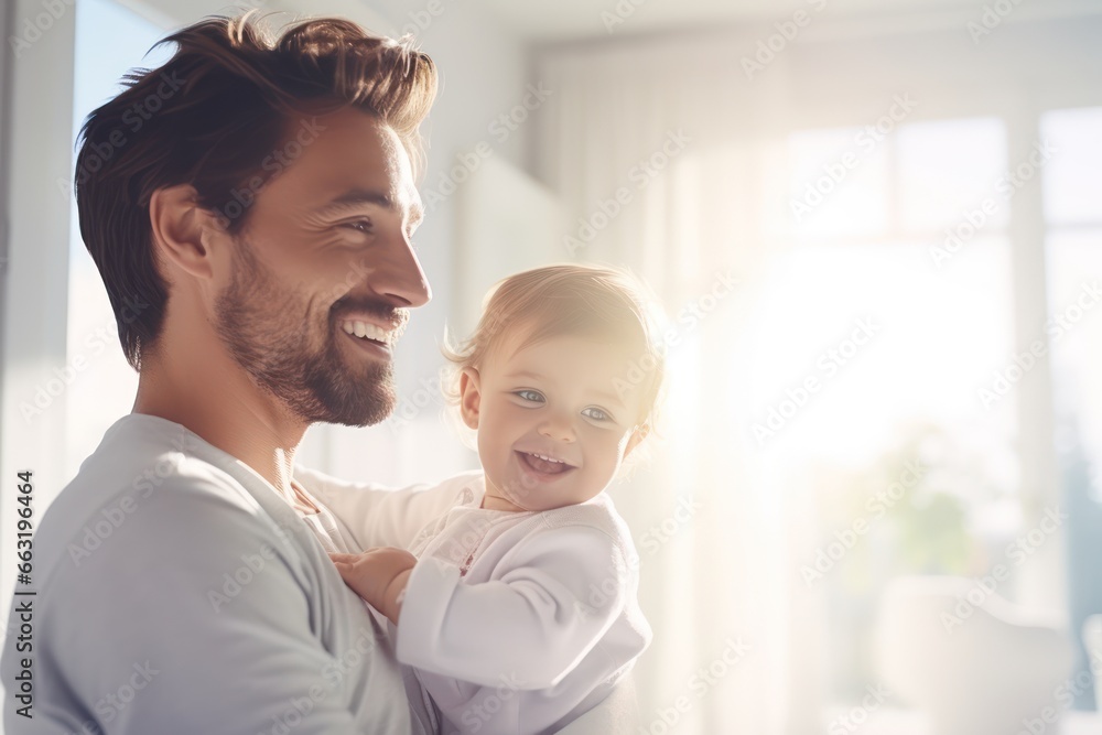  father with his newborn baby at home - obrazy, fototapety, plakaty 