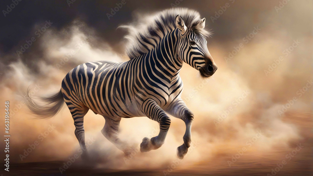 A zebra running in the wild with dust blowing. - obrazy, fototapety, plakaty 