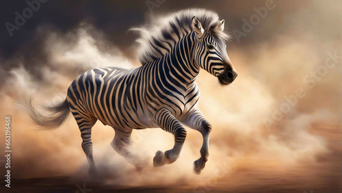 A zebra running in the wild with dust blowing.