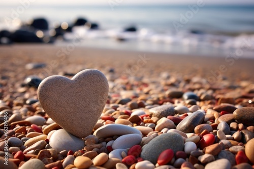heart-shaped pebble surrounded by smaller pebbles on a beach