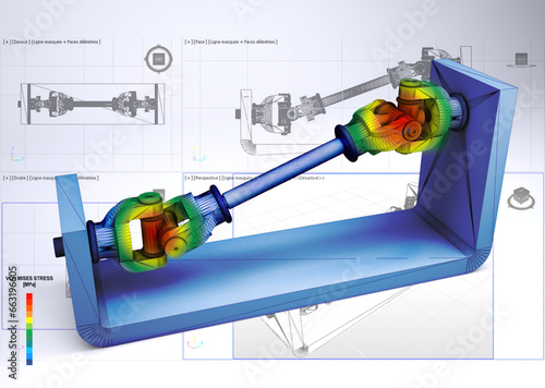 Vue 3D isométrique de la contrainte de Von Mises d'un cardan de transmission mécanique sur un dessin technique d'ingénierie, dessin CAO en arrière plan
