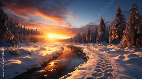 Striking burnt-orange winter view of mountain peaks aglow with sunlight, featuring majestic snow-covered trees.