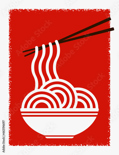 Red background with a bowl of noodles and chopsticks. Vector illustration