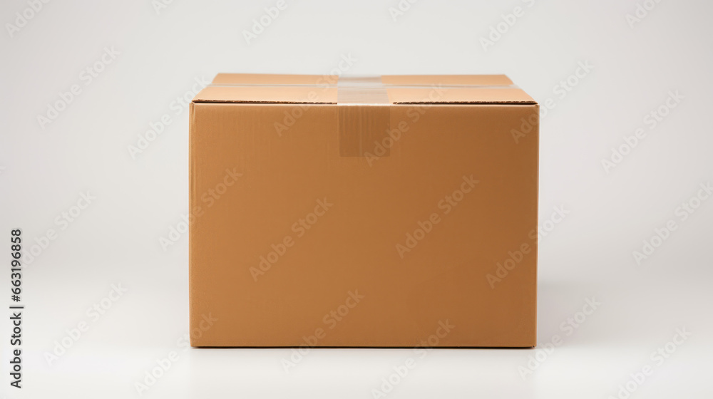 A plain cardboard box stands isolated against a pure white background A plain cardboard box stands isolated against a pure white background