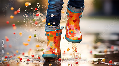 A child donned in yellow rain boots gleefully hopping over a pool of wet.