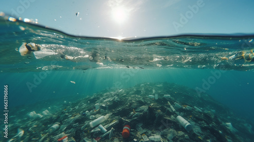 Plastic bottles and other waste floating in ocean, high quality