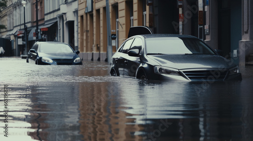 Vehicles submerged in the metropolis due to a deluge.