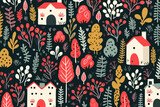 Garden and landscaping quirky doodle pattern, wallpaper, background, cartoon, vector, whimsical Illustration
