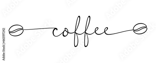 Coffee, vector logo word. Hand drawn text. Horizontal inscription script coffee. Typography coffee icon design for poster, flyer, banner, menu cafe. Black text illustration with coffee bean