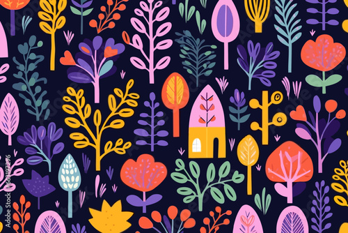 Garden and landscaping quirky doodle pattern, wallpaper, background, cartoon, vector, whimsical Illustration