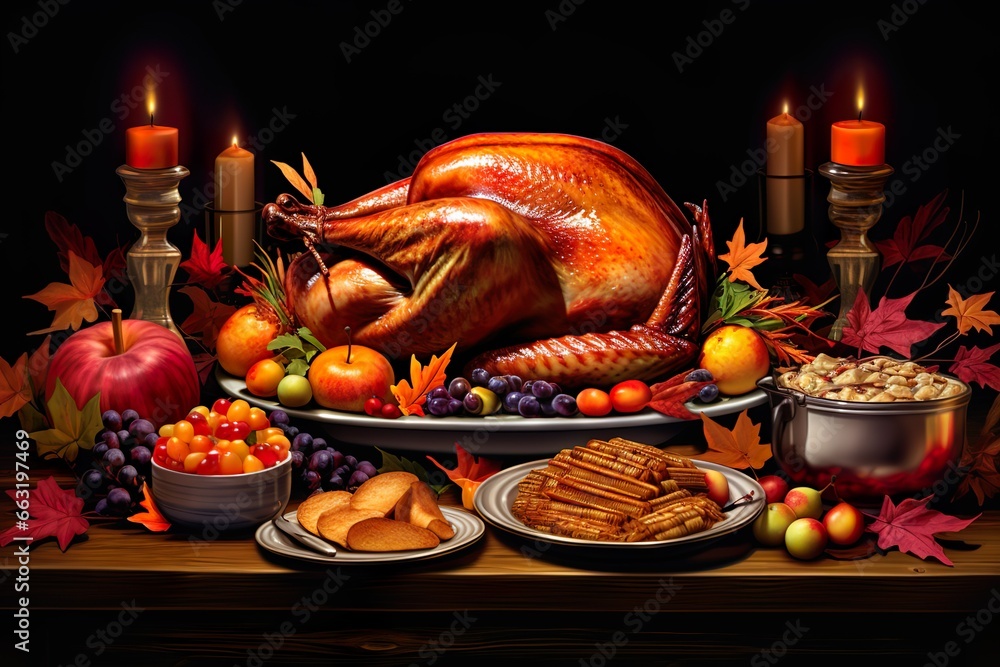 Roasted turkey on table for happy thanksgiving dinner Roasted turkey on table for happy thanksgiving dinner