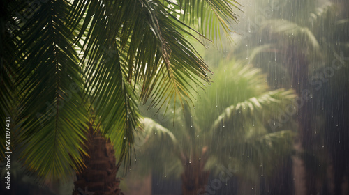 Torrential rain in the tropics during the monsoon period, surrounded by lush greenery.