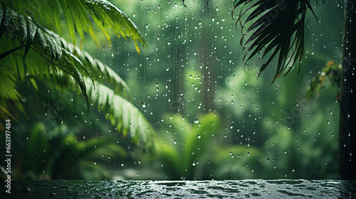 The monsoon season brings a lush shower of rain to a tropical paradise of palms.
