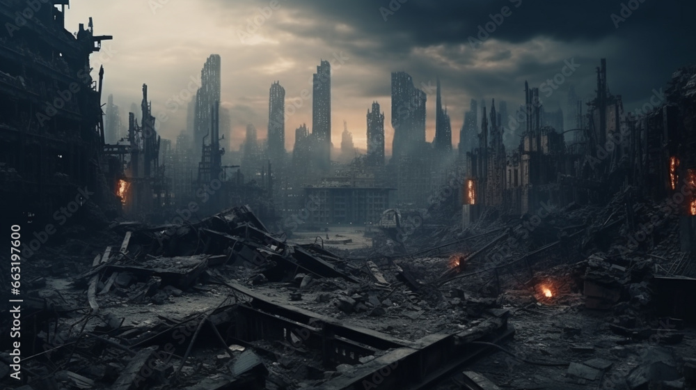 Post apocalyptic city view cityscape. City in ruins. Dystopian future - obrazy, fototapety, plakaty 