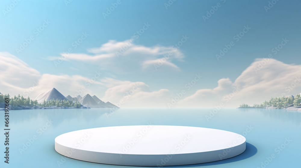 Empty circular product scene exhibition stand floating on water 3D rendering, Double Eleven e-commerce concept illustration