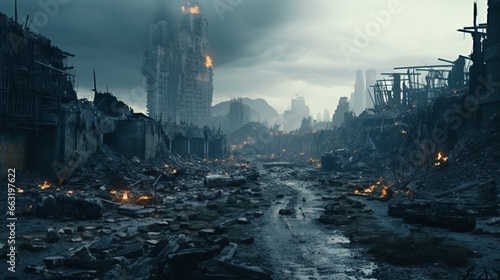 Post apocalyptic city view cityscape. City in ruins. Dystopian future