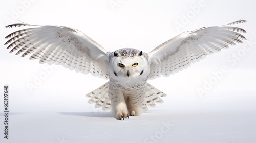 A solitary white-feathered Bubo scandiacus owl swiftly descends from the sky. photo