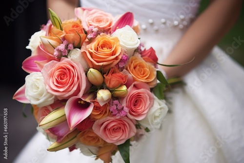 a close-up of a bridal bouquet with various flowers