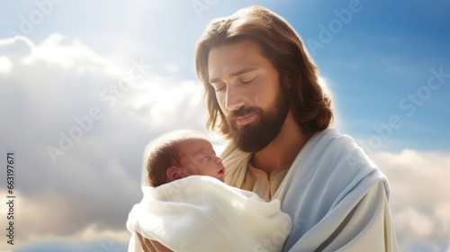 Jesus holding baby with smiling 