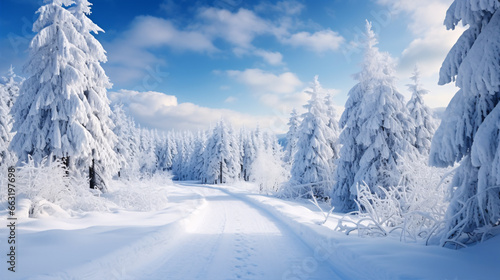Winter road through a wooded mountain, striking snowy scenery.