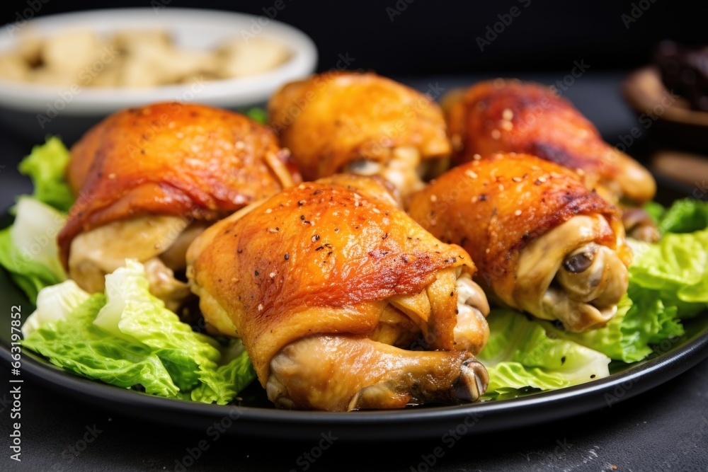 close-up of a plate with chicken thighs and lettuce close-up of a plate with chicken thighs and lettuce