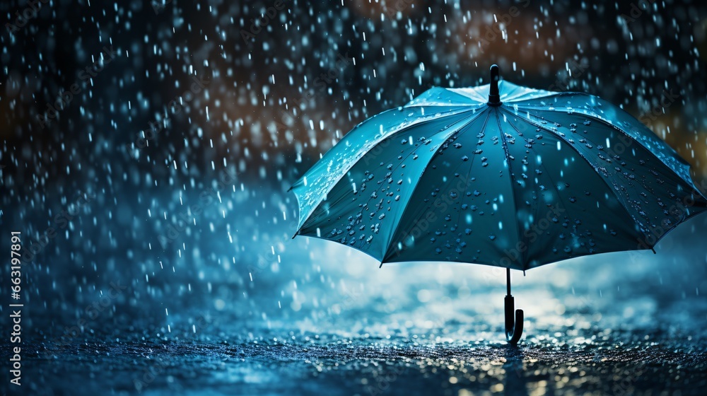 An umbrella was utilized during a downpour to protect from a torrent of water droplets.