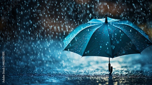 An umbrella was utilized during a downpour to protect from a torrent of water droplets.