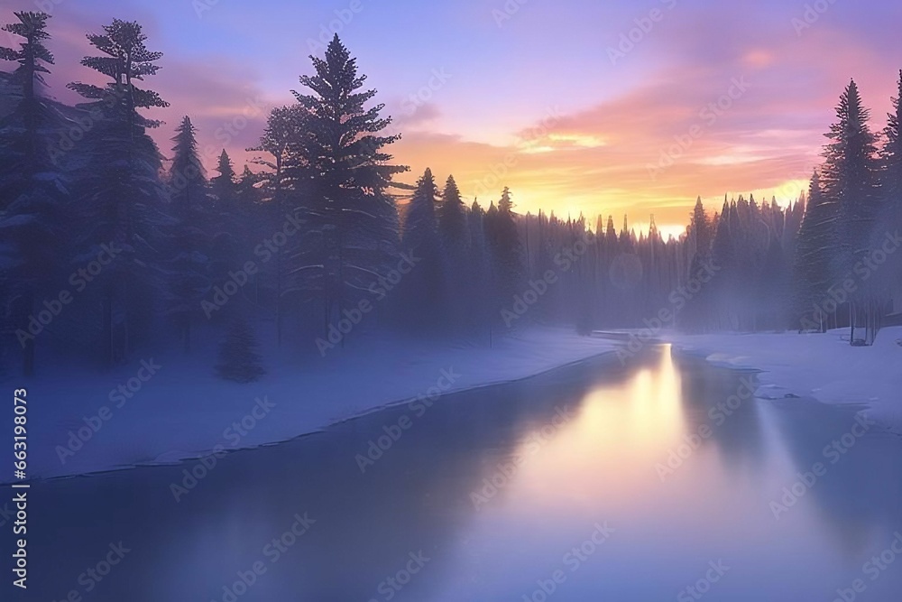 Winter river during sunset/sunrise Winter river during sunset/sunrise
