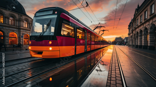 Tram circulating through a city at sunset. Concept of ecological transportation, urban mobility.