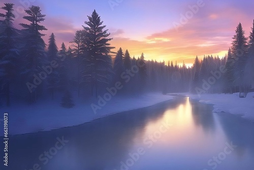 Winter river during sunset/sunrise © D