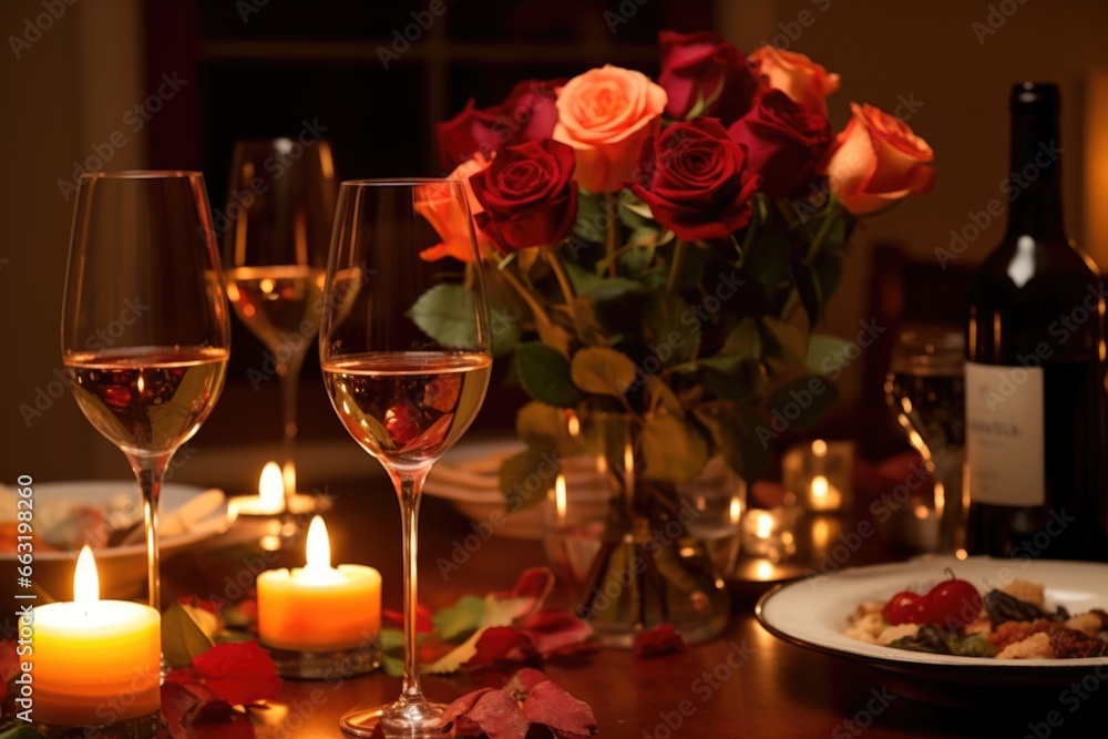 a candlelit dinner set-up with roses and wine