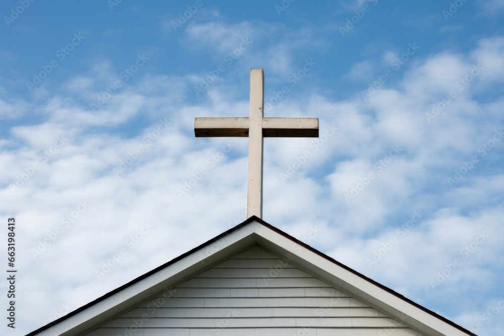 close-up of cross atop large church roof