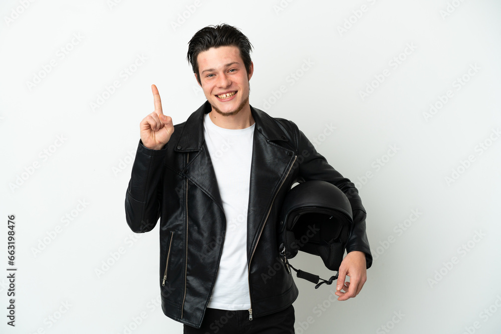 Russian man with a motorcycle helmet isolated on white background pointing up a great idea Russian man with a motorcycle helmet isolated on white background pointing up a great idea